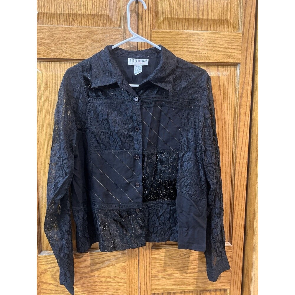 Vintage Bedford Fair Black Gold Lace Patchwork Blouse Jacket Women’s M Boho